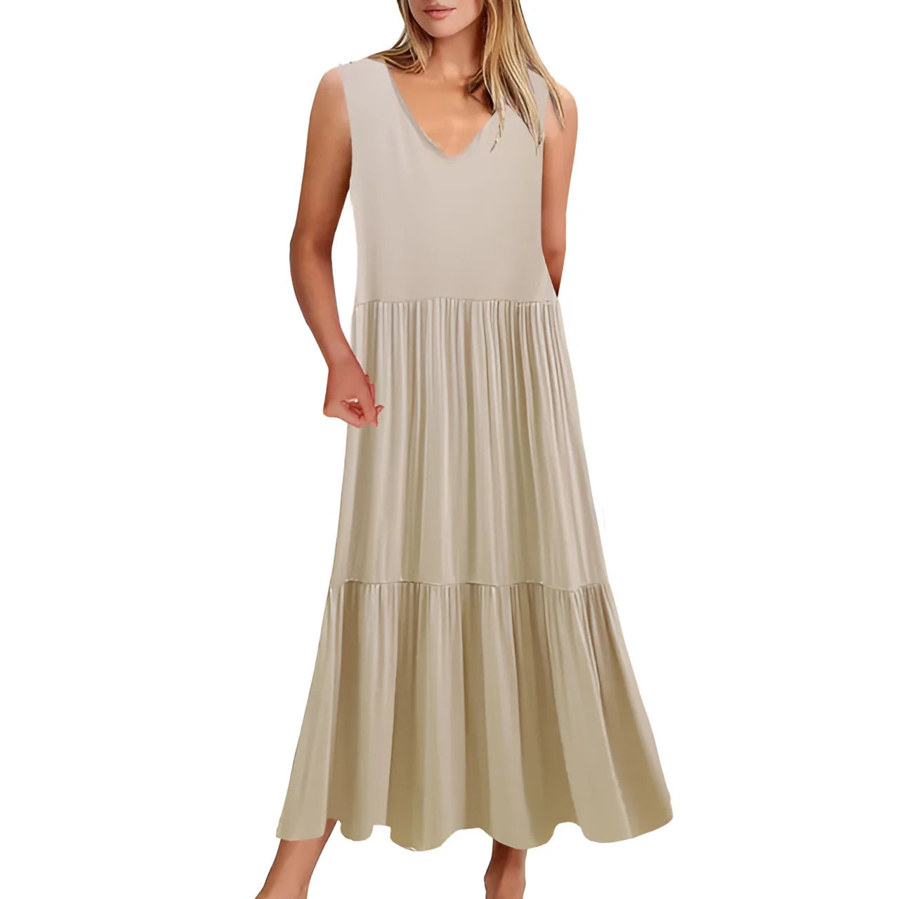 Flowy Beige Maxi Dress: Sleeveless, V-Neck, Tiered, Lightweight Summer Style
 - ModishWorld