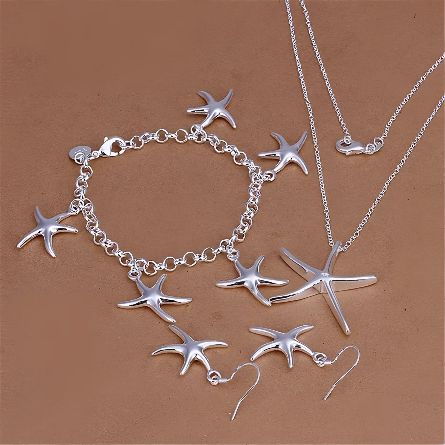 Starfish Jewelry Set in Sterling Silver: Necklace, Bracelet, and Earrings
 - ModishWorld