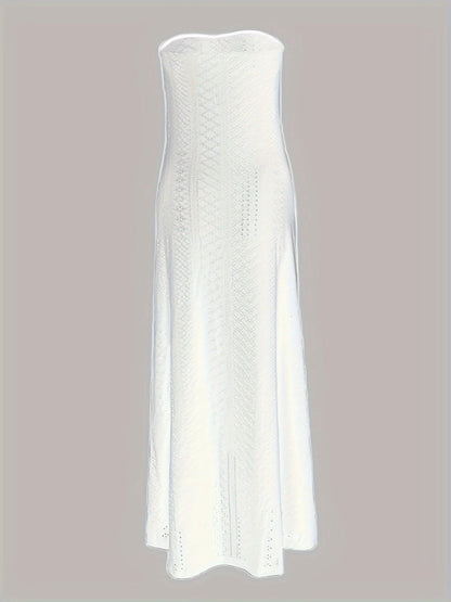 White Midi Cocktail Dress with Eyelet Detail, Strapless, for Summer Weddings & Graduations
 - ModishWorld