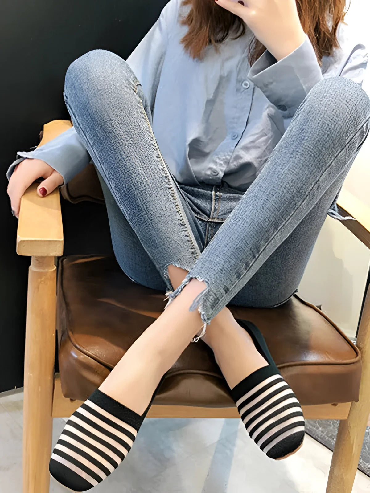 Casual Women's Denim Flats with Ankle Chain Detail & Stripes
 - ModishWorld