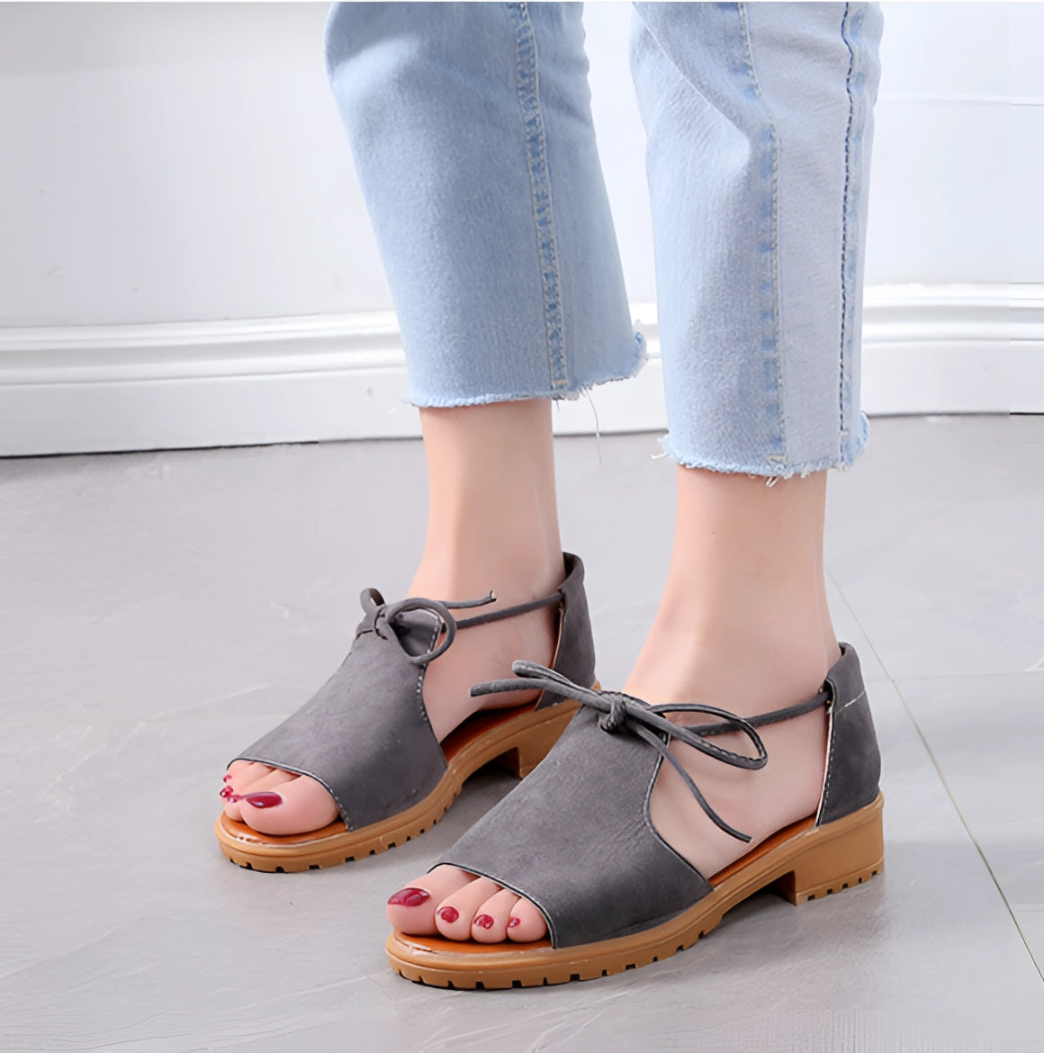 Grey Suede Lace-Up Block Heel Sandals for Women
 - ModishWorld