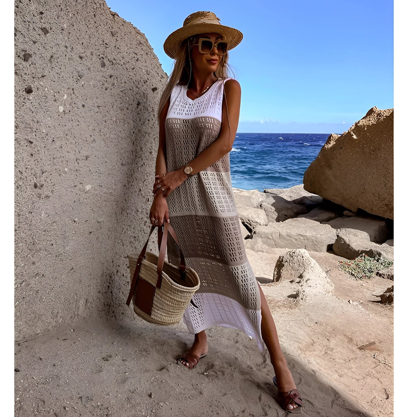 Beach-Themed Summer 2023 Outfit: Dress, Hat, and Bag
 - ModishWorld