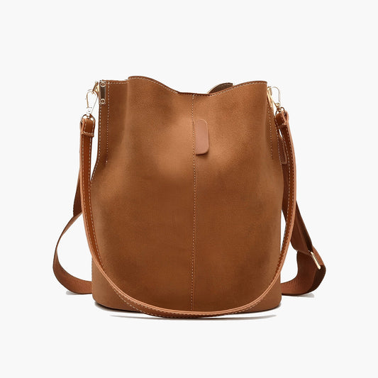 Women's Minimalist Tan Leather Bucket Bag with Adjustable Strap
 - ModishWorld
