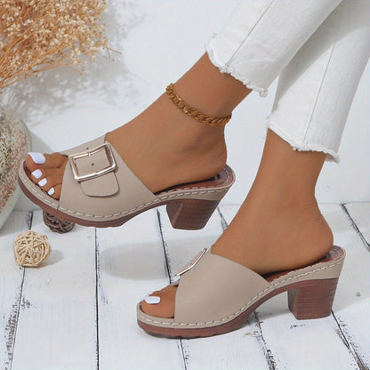 Women's Comfortable Taupe Buckle Mules with Block Heels for Summer
 - ModishWorld