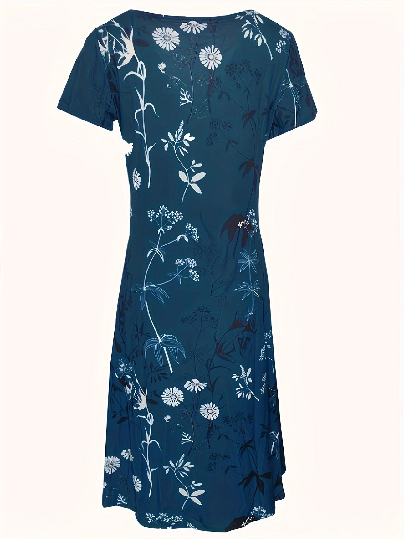 Women's Knee-Length Teal Summer Dress with Botanical Print and Short Sleeves
 - ModishWorld