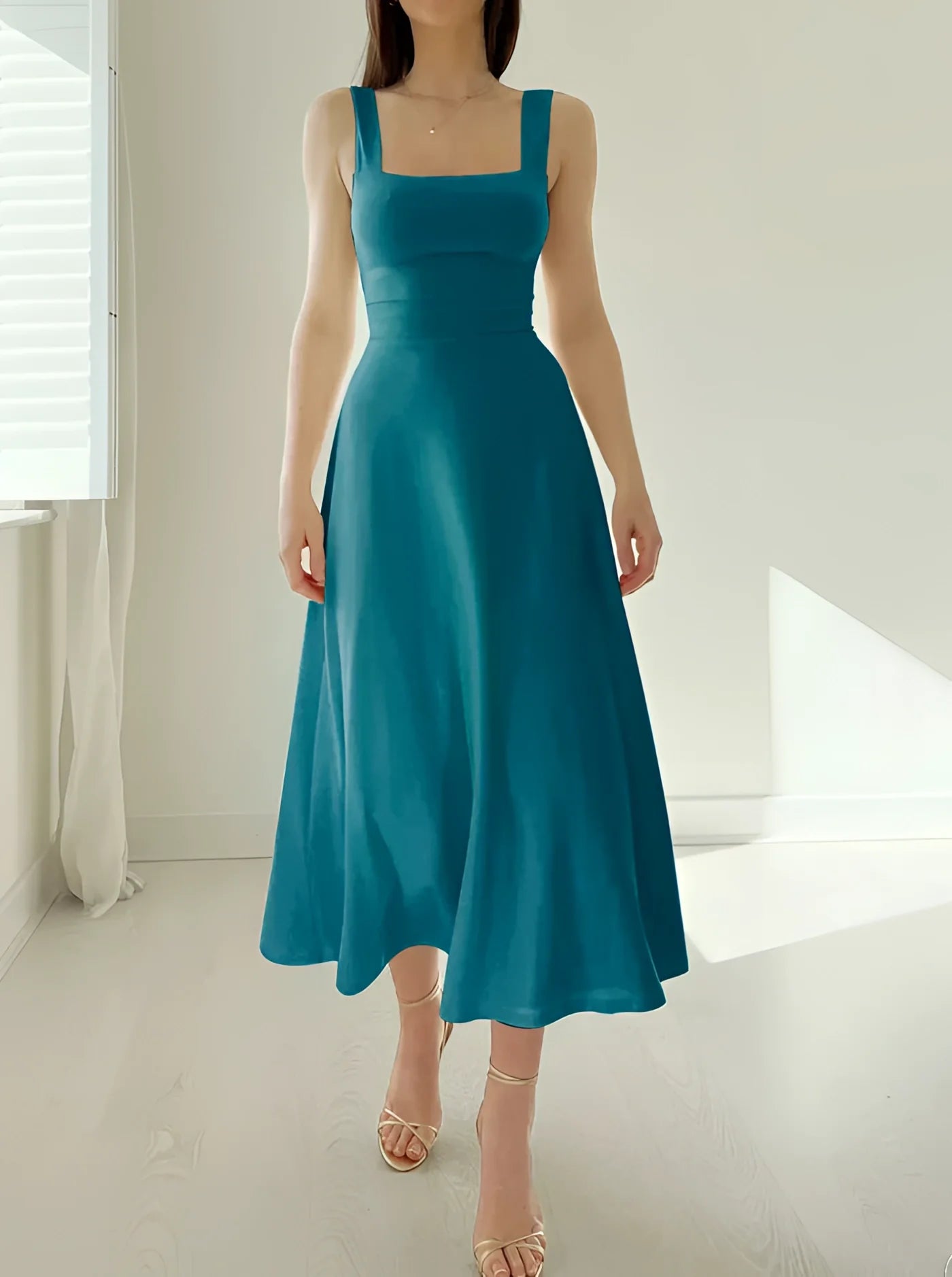 Midi Satin Dress in Teal – Square Neck, for Bridesmaids & Wedding Guests
 - ModishWorld