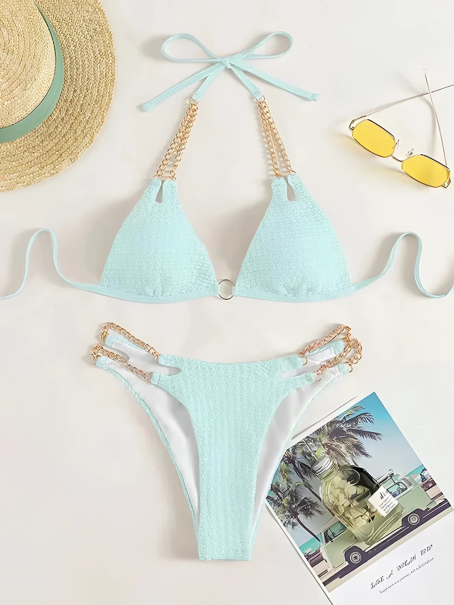 Halter Neck Bikini with Shell Detailing in Textured Aqua Blue
 - ModishWorld