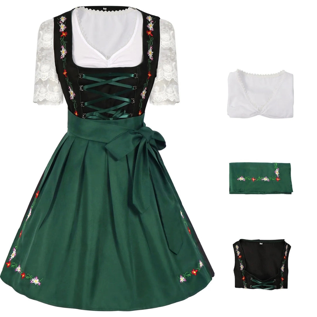 Green Dirndl Dress with Floral Embroidery and Lace Blouse
 - ModishWorld