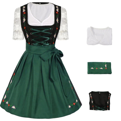 Green Dirndl Dress with Floral Embroidery and Lace Blouse
 - ModishWorld