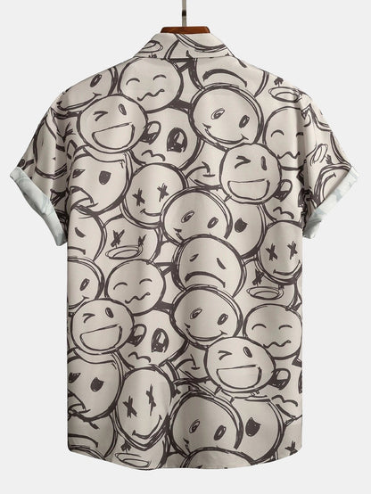 Stylish Beige Short-Sleeve Shirt with Smiley Face Cartoon Print for Men
 - ModishWorld