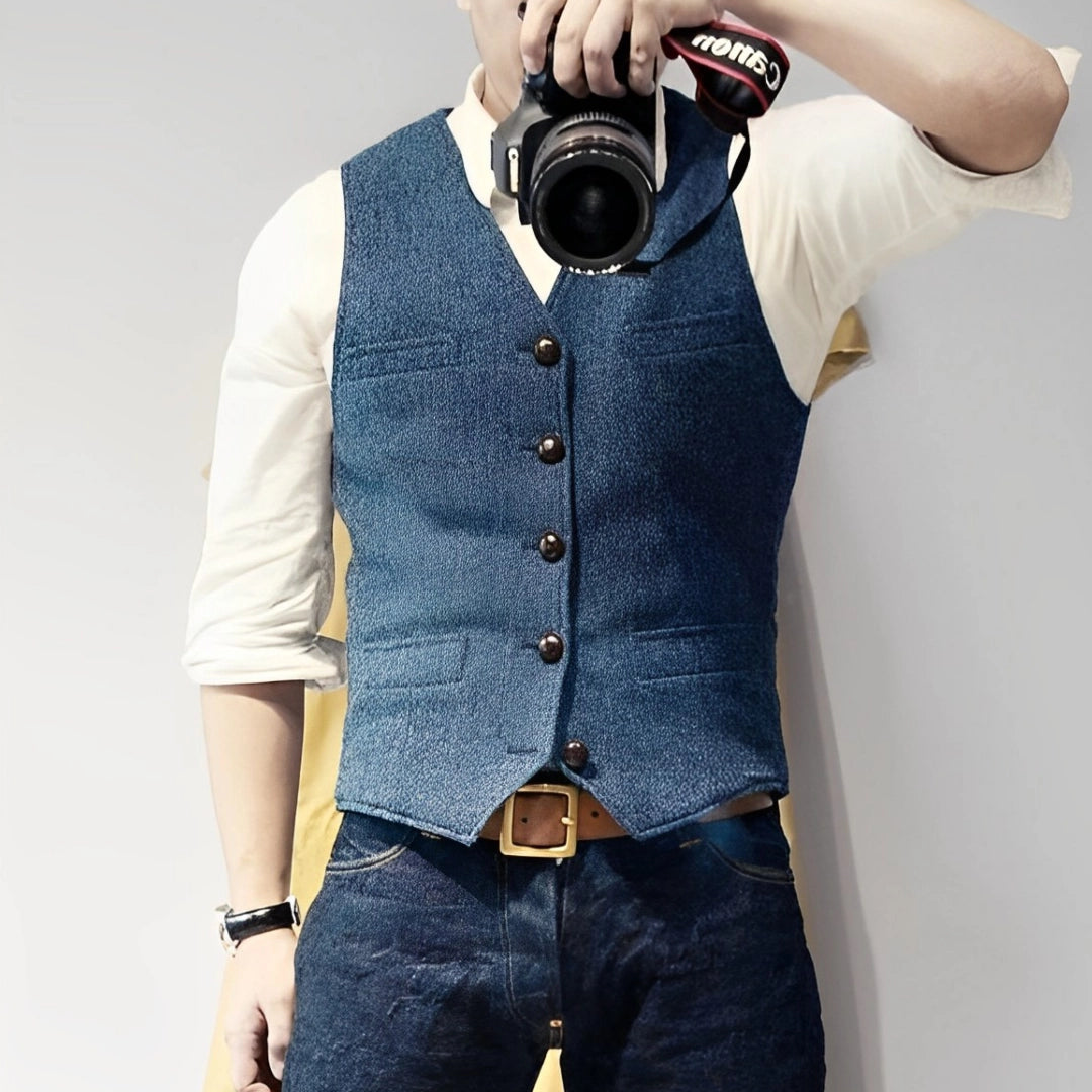 Stylish Sleeveless Denim Vest for Men: Button-Front Casual Streetwear
 - ModishWorld