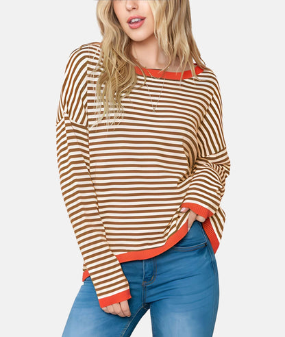 Stylish Beige Striped Long-Sleeve Boat Neck Sweater with Cut-Outs
 - ModishWorld