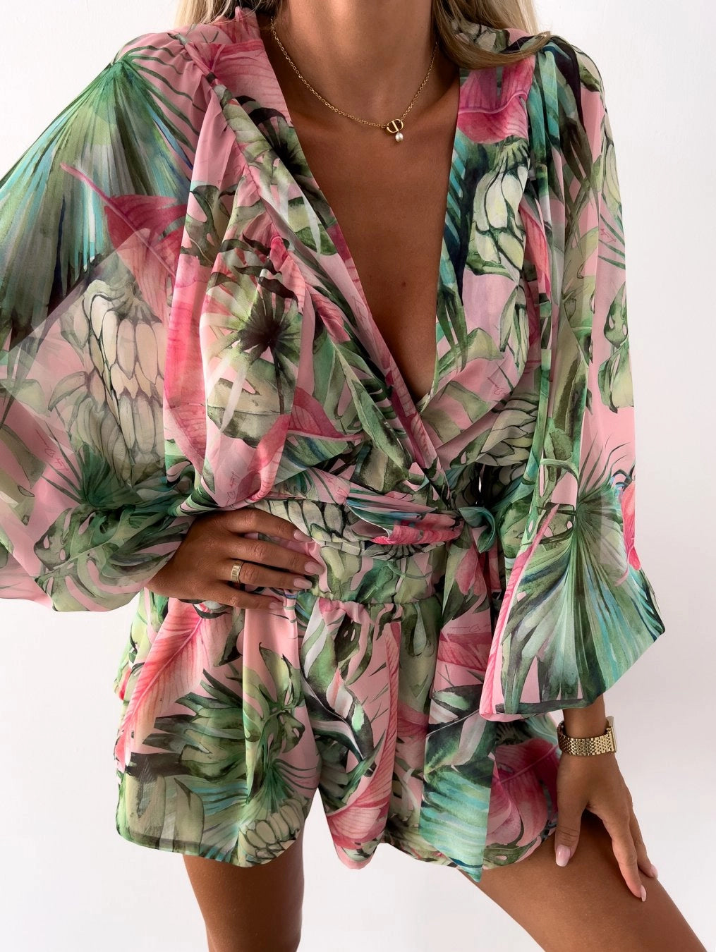 Pink and Green Botanical Print Sheer Chiffon Kimono Blouse
 - ModishWorld