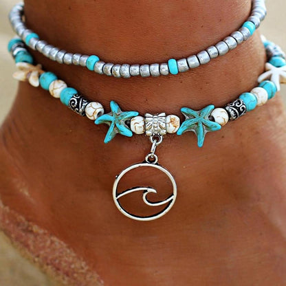 Anklet with Tropical Starfish Bead and Turquoise & Silver Wave Charm
 - ModishWorld