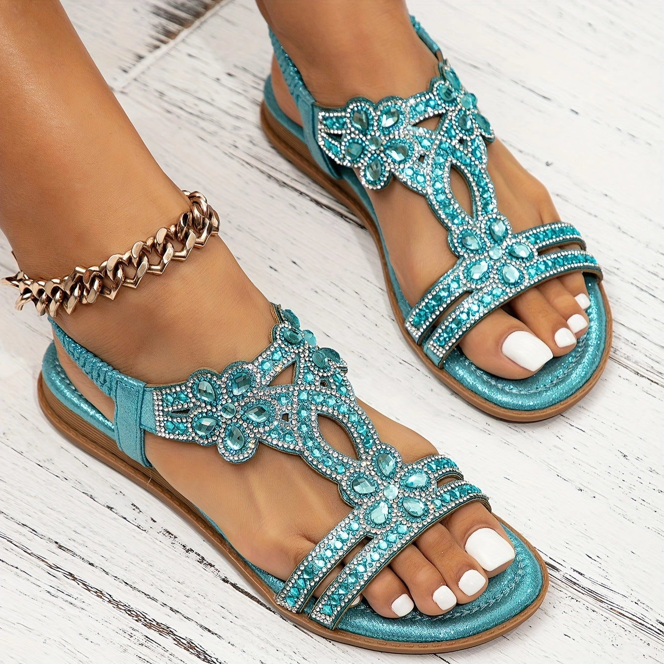Women's Summer Sandals: Turquoise Beaded Rhinestone Flowers
 - ModishWorld