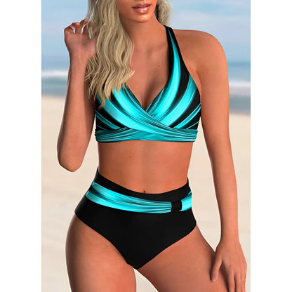 Metallic Turquoise and Black High-Waisted Halter Wrap Bikini
 - ModishWorld