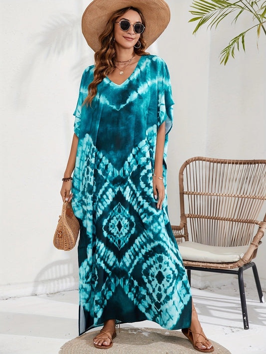 Bohemian Maxi Dress with Turquoise Tie-Dye, V-Neck, and Batwing Sleeves for the Beach
 - ModishWorld