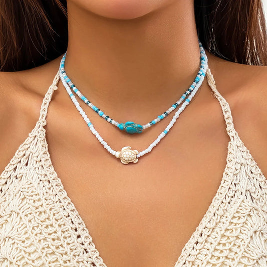 Bohemian Summer Beach Necklace: Turquoise, White Layers, Sea Turtle Charm
 - ModishWorld