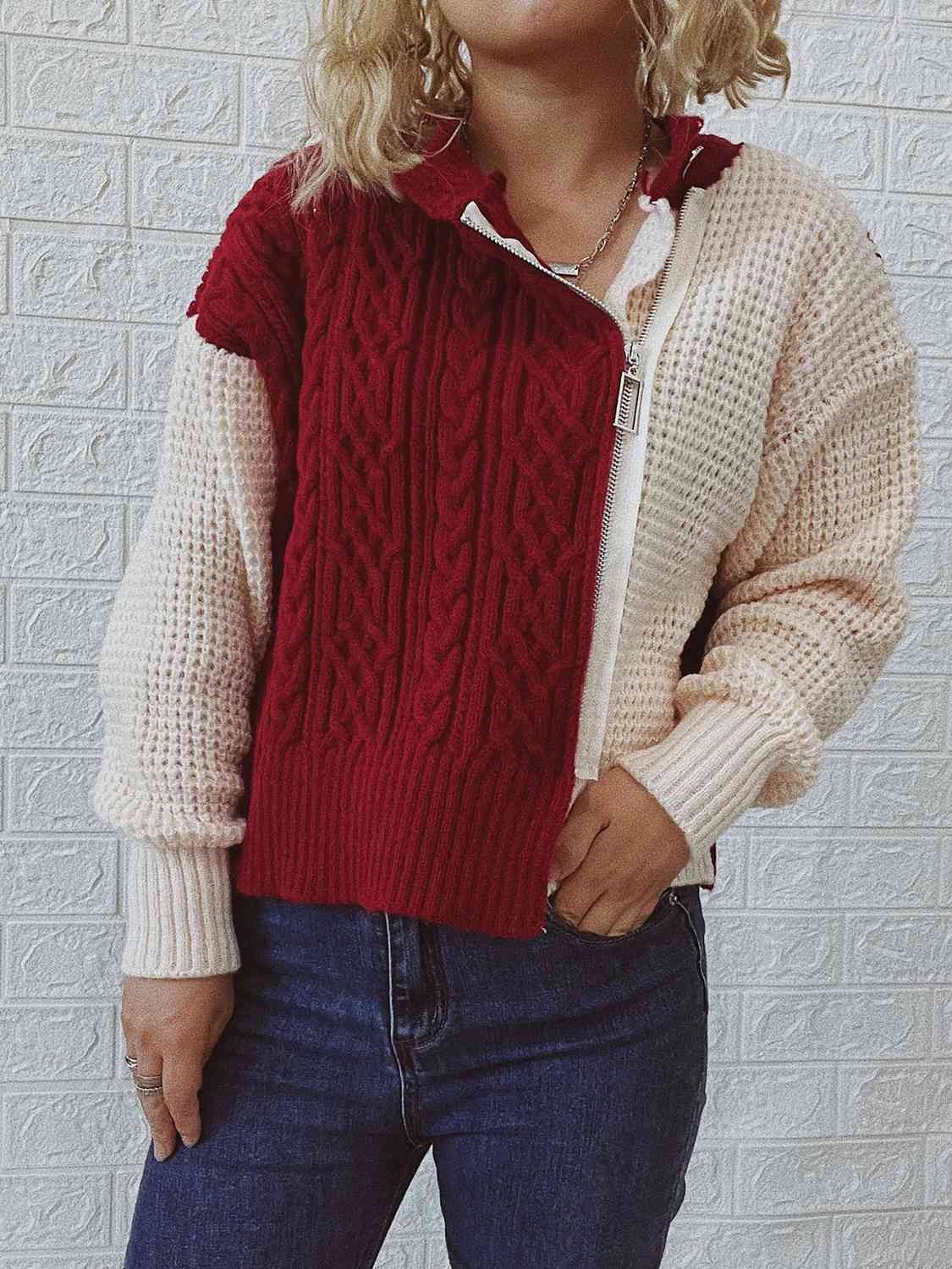 Women's Two-Tone Zip-Up Cable Knit Sweater
 - ModishWorld