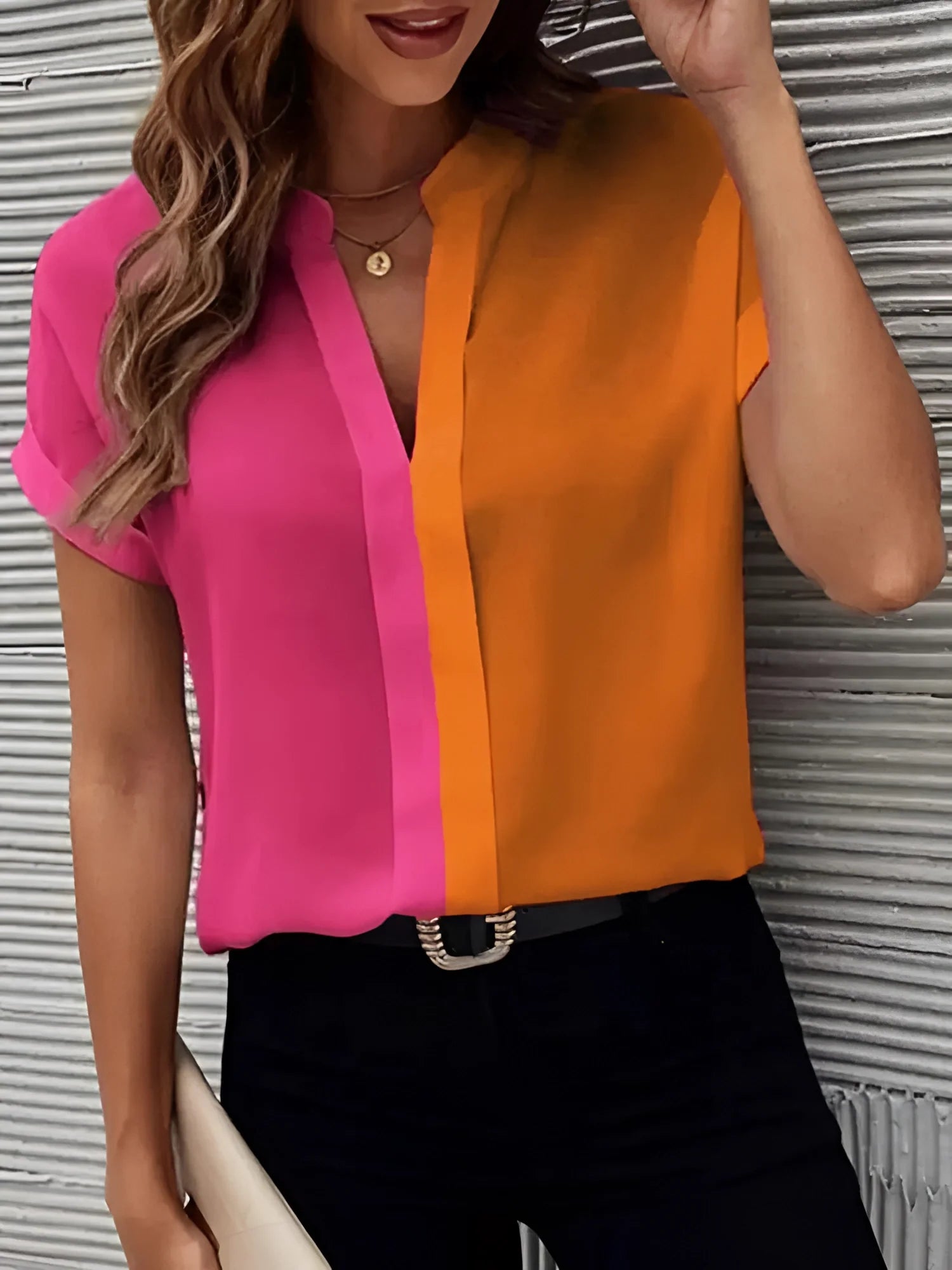 Women's Short Sleeve Pink and Orange Color Block Blouse
 - ModishWorld