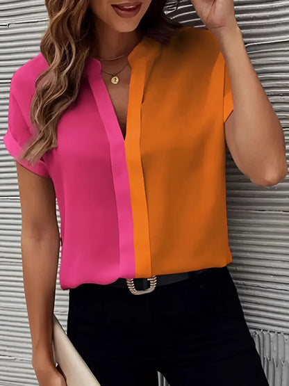 Women's Short Sleeve Pink and Orange Color Block Blouse
 - ModishWorld
