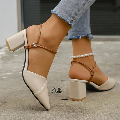 Beige and Black Slingback Heels with Pearl Anklet Strap and Two-Tone Block Heels
 - ModishWorld