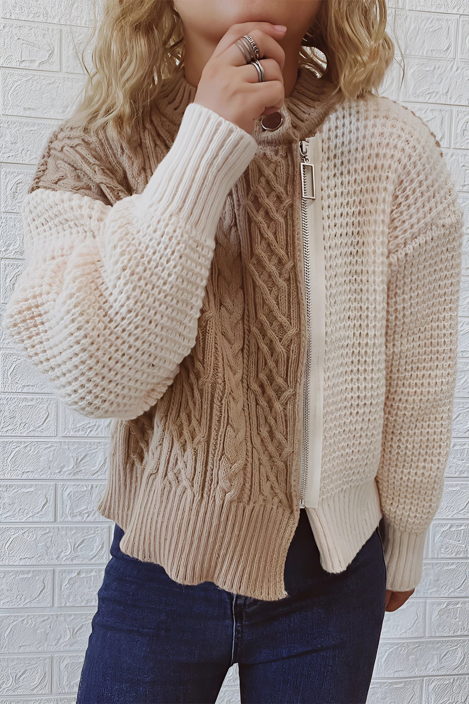 Women's Winter Bomber Jacket: Chunky Knit, Two-Tone Design
 - ModishWorld