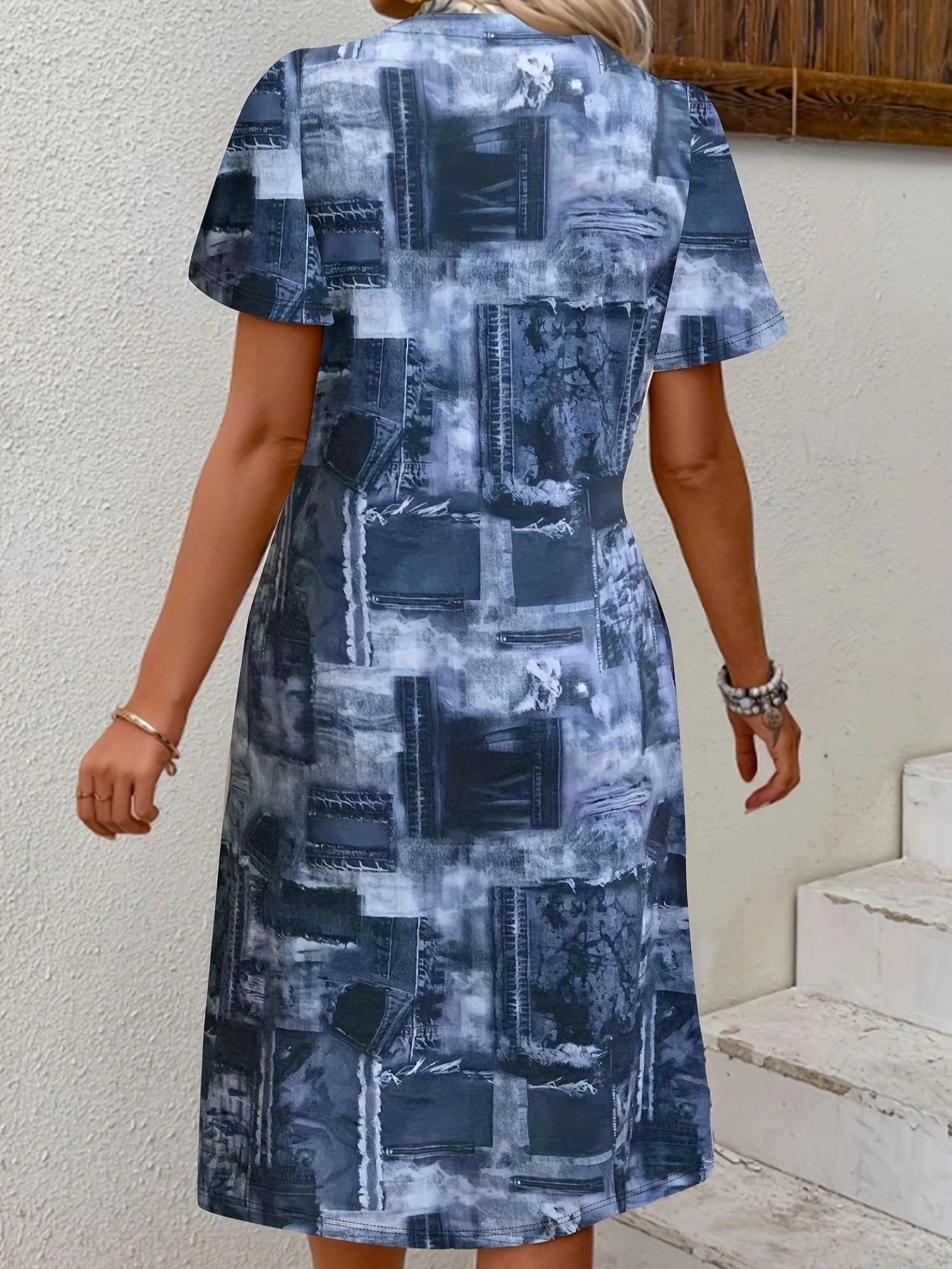 Women's Summer A-Line Dress: Blue Denim Print, Urban Chic Style
 - ModishWorld