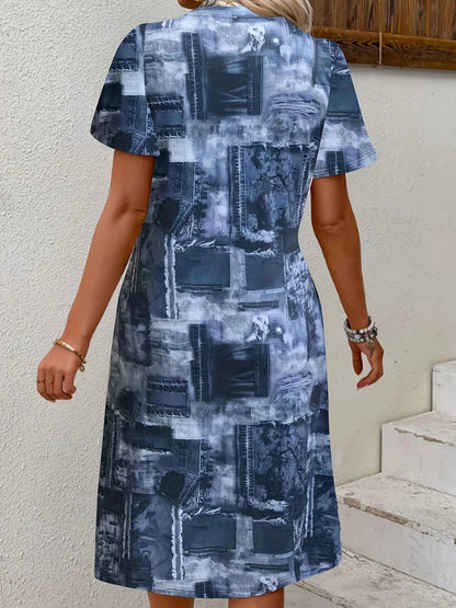 Women's Summer A-Line Dress: Blue Denim Print, Urban Chic Style
 - ModishWorld