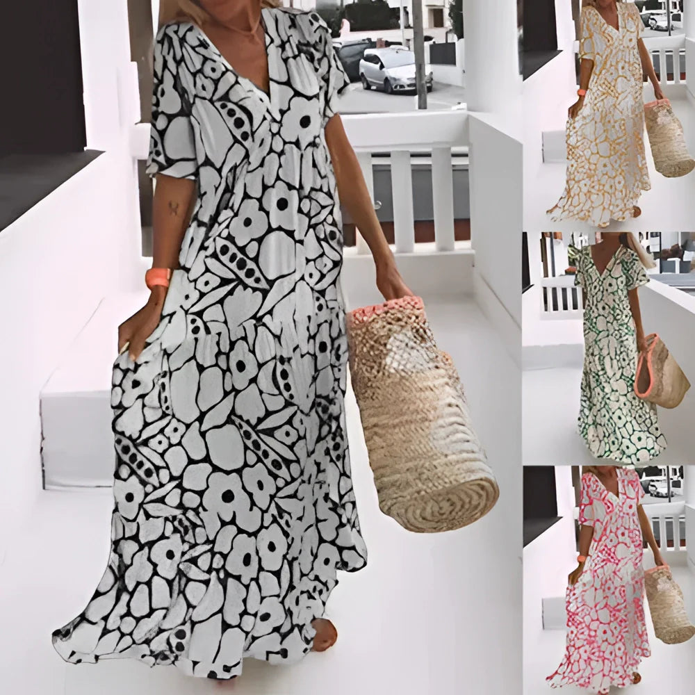 Black & White Floral Maxi Dress, V-Neck Boho Beach Style
 - ModishWorld