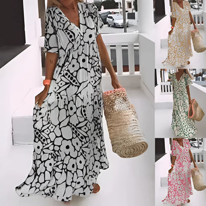 Black & White Floral Maxi Dress, V-Neck Boho Beach Style
 - ModishWorld