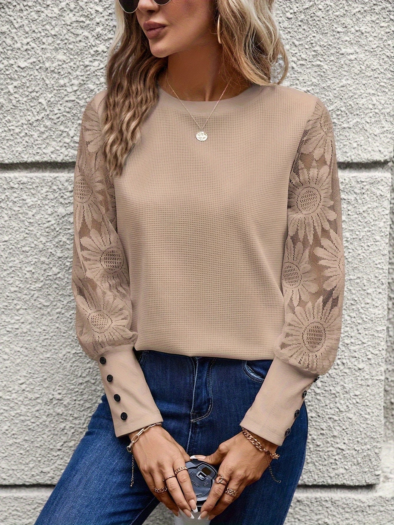 Beige Floral Sweater with Sheer Sleeves and Embroidered Cuffs
 - ModishWorld