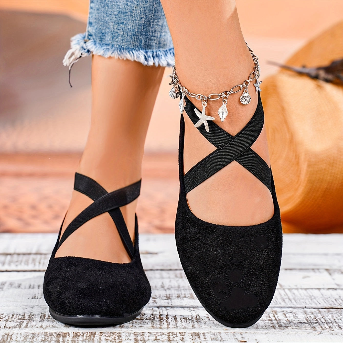 Black Ballet Flats: Crisscross Strap & Ankle Charm
 - ModishWorld