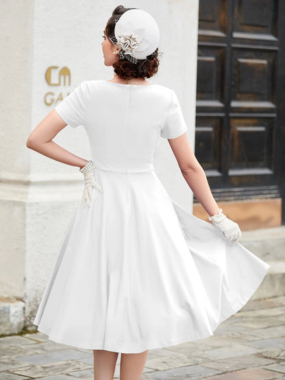 Retro White Wedding Dress, Knee-Length, Short Sleeves, 1950s Vintage
 - ModishWorld