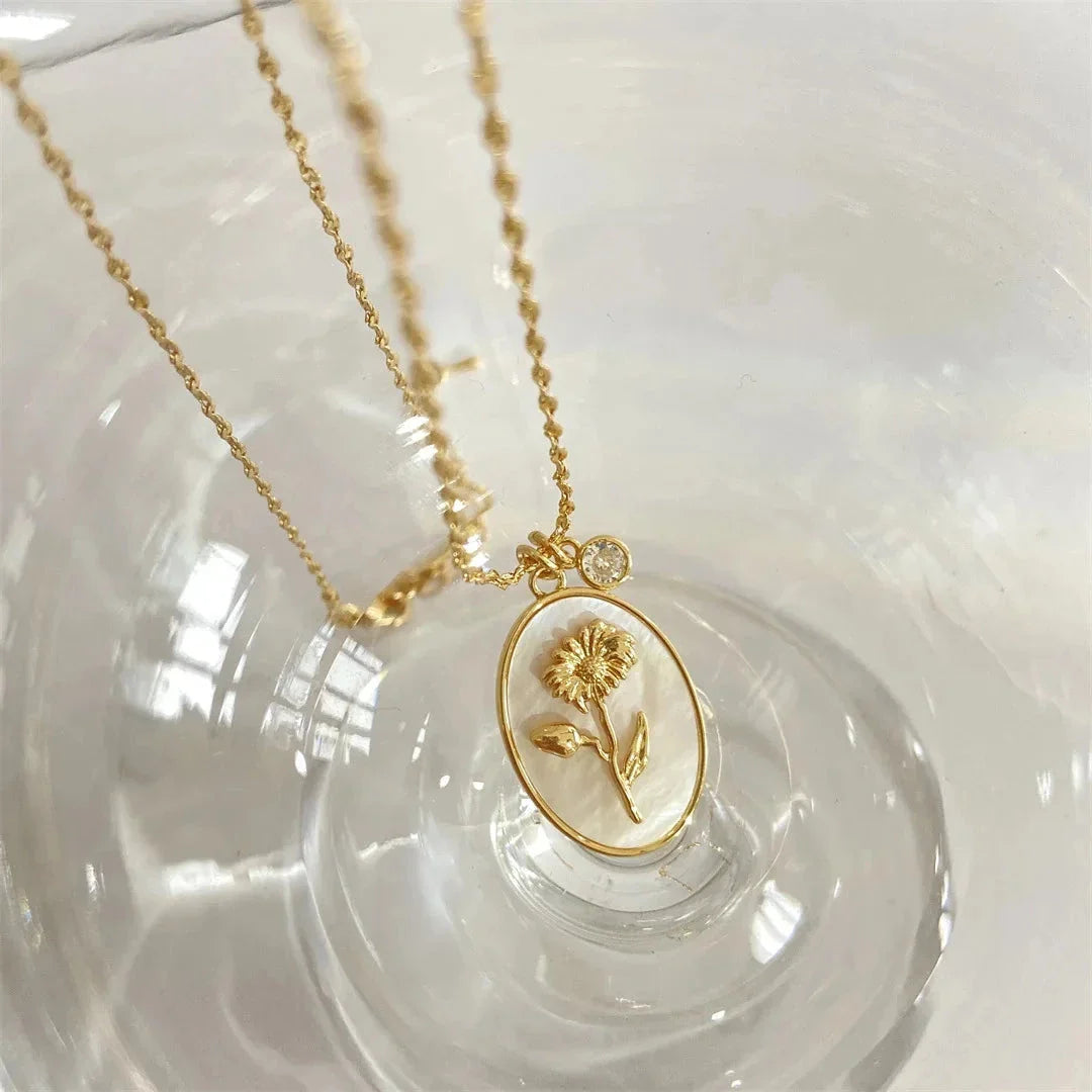 Antique Cameo Necklace with Gold Botanical Flower Pendant
 - ModishWorld