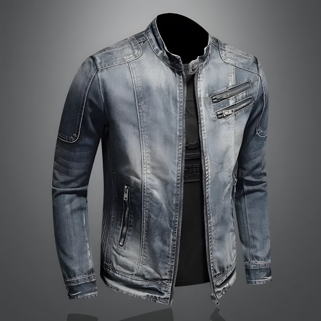 Men's Retro Denim Jacket, Distressed, Zippered, Pocketed
 - ModishWorld