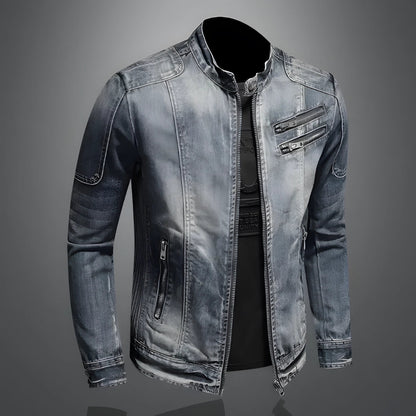 Men's Retro Denim Jacket, Distressed, Zippered, Pocketed
 - ModishWorld