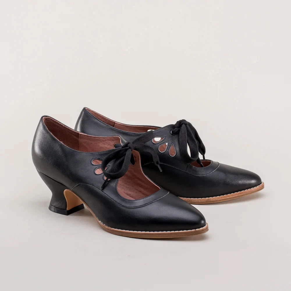 Retro Black Leather Lace-Up Oxford Heels for Women
 - ModishWorld