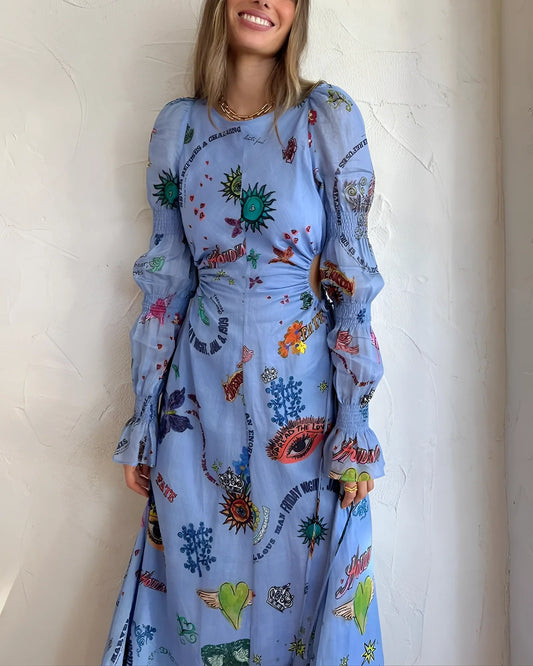 Blue Maxi Dress with Fun Embroidery and Designs
 - ModishWorld