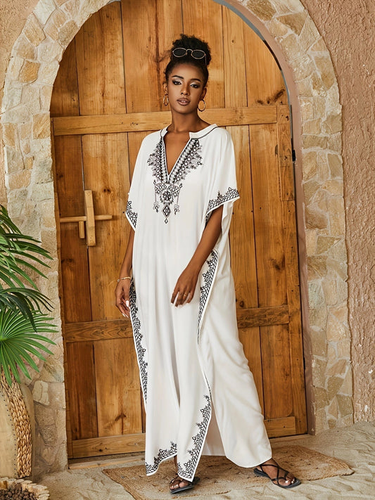 Bohemian White Embroidered Kaftan Dress with V-Neck - Moroccan Resort Style
 - ModishWorld