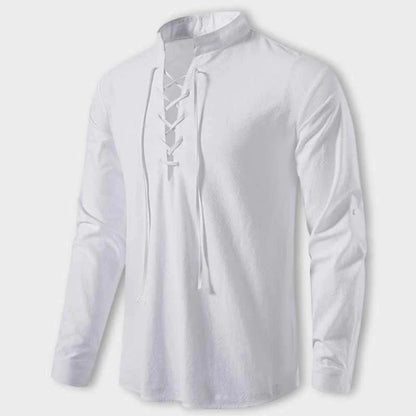 Men's Long-Sleeve Mandarin Collar Shirt in White Cotton Blend with Lace-Up Detail
 - ModishWorld