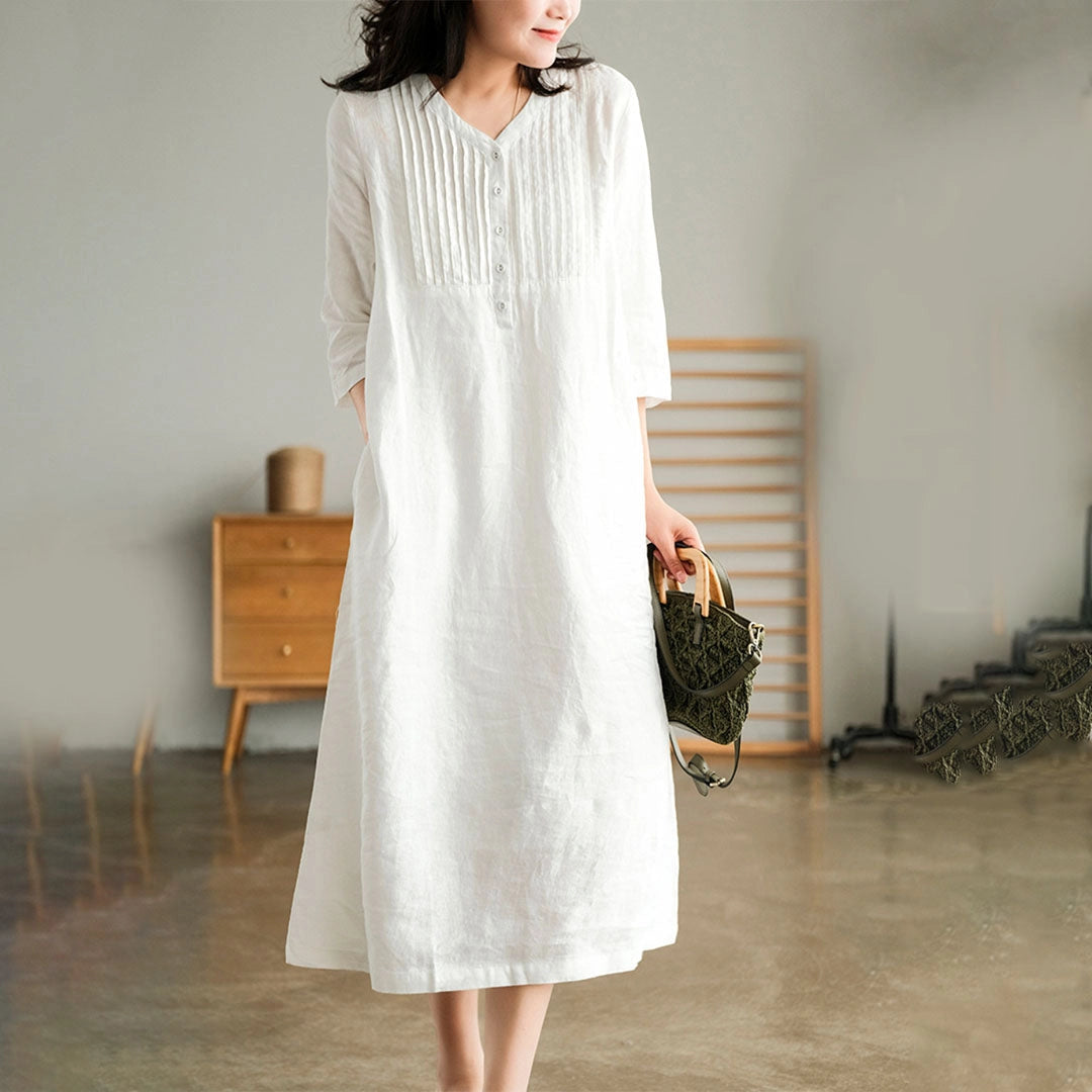Sustainable White Linen Midi Dress with V-Neck, Pleats, and Long Sleev