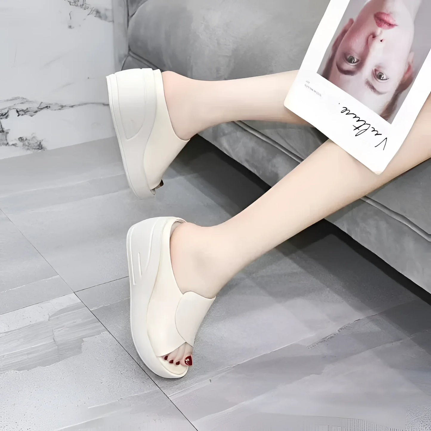 Women's White Wedge Sandals with Thick Platform Sole and Slip-On Design
 - ModishWorld