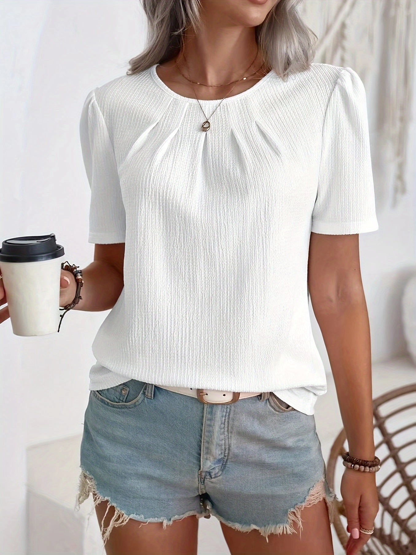 Elegant Casual White Puff Sleeve Blouse with Pleats - Summer Top
 - ModishWorld