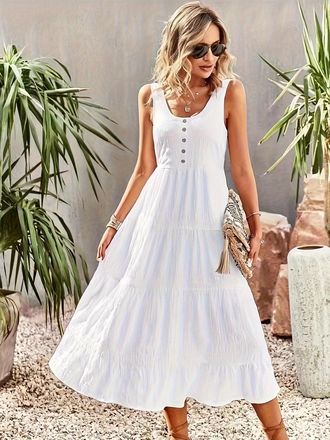 Bohemian Cotton Midi Sundress: White Sleeveless Casual Summer Dress
 - ModishWorld