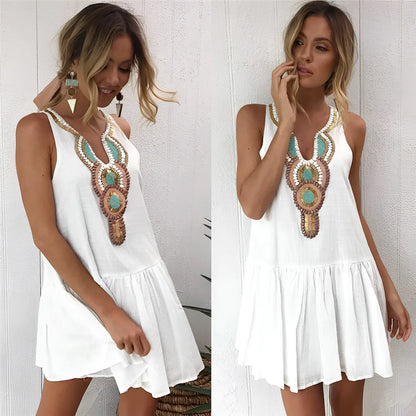 Summer Sleeveless White Dress, Embroidered Neck and Ruffled Bottom
 - ModishWorld