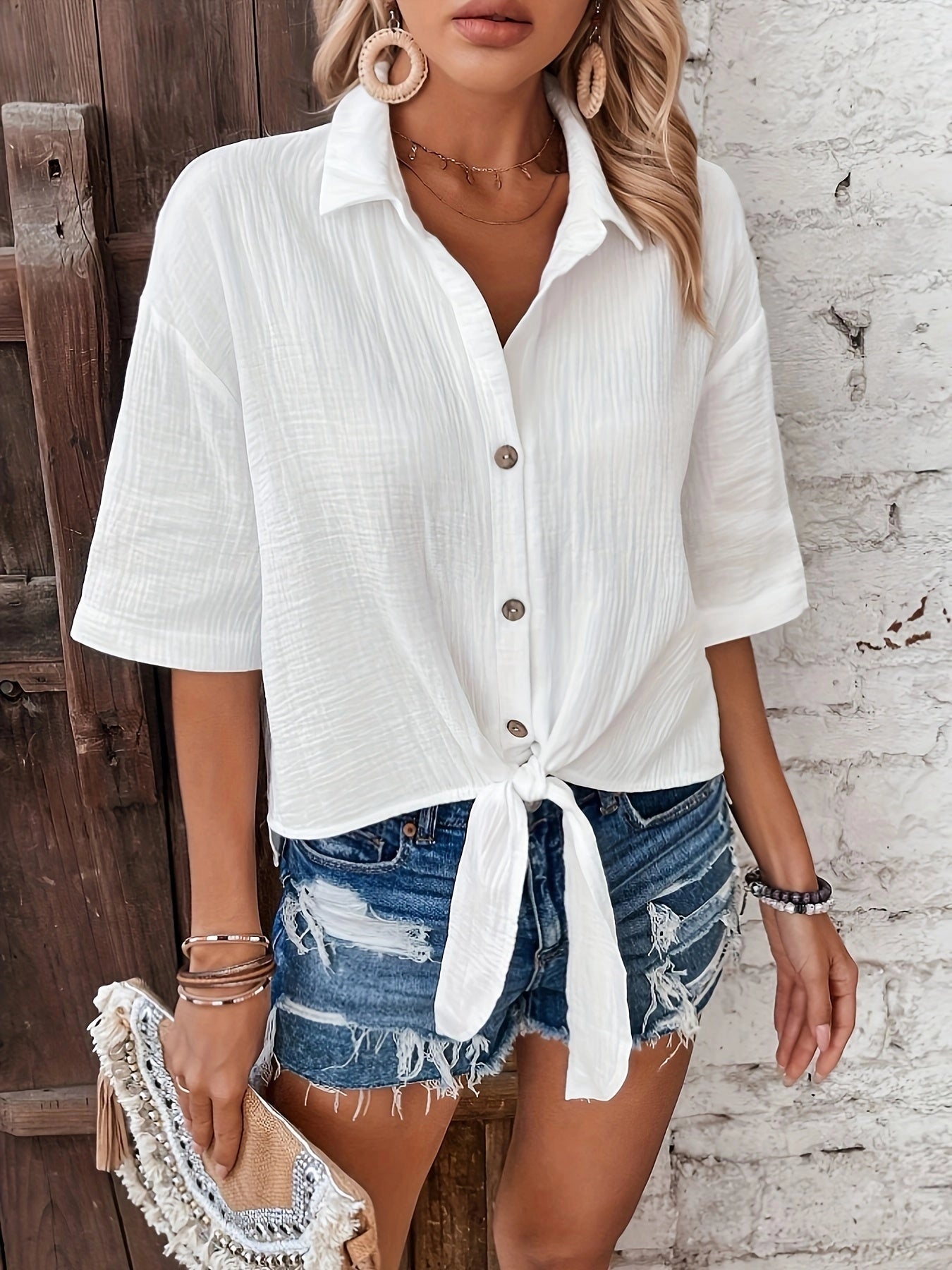 Relaxed-Fit White Blouse with Tie Front: Casual, Textured, Lightweight
 - ModishWorld