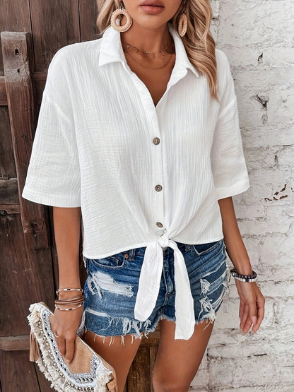 Relaxed-Fit White Blouse with Tie Front: Casual, Textured, Lightweight
 - ModishWorld