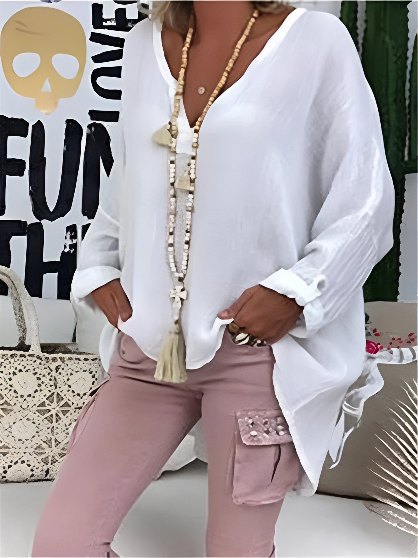 Bohemian Linen Blouse: White, V-Neck, Lightweight Summer Top
 - ModishWorld
