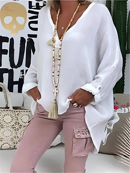 Bohemian Linen Blouse: White, V-Neck, Lightweight Summer Top
 - ModishWorld